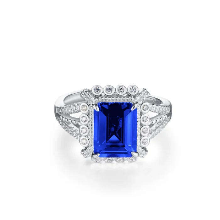 925 Silver Lab-Created Blue Sapphire Ring - Model ZHF-R1630B - Image 1