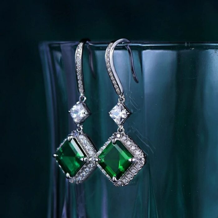 925 Silver Lab-Created Emerald Earrings - Model E0037 - Image 3