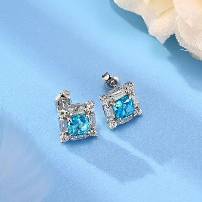 925 Silver Blue Cubic Zirconia Earrings E0643B - Image 3