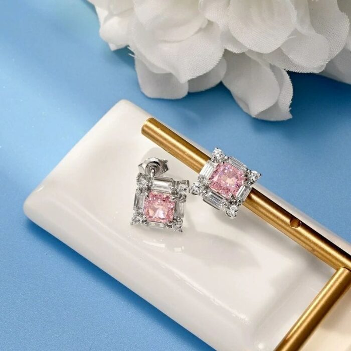 925 Silver Pink Cubic Zirconia Earrings E0643F - Image 3