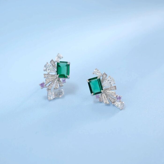 925 Silver Lab-Created Emerald Earrings - Model E0692 - Image 5
