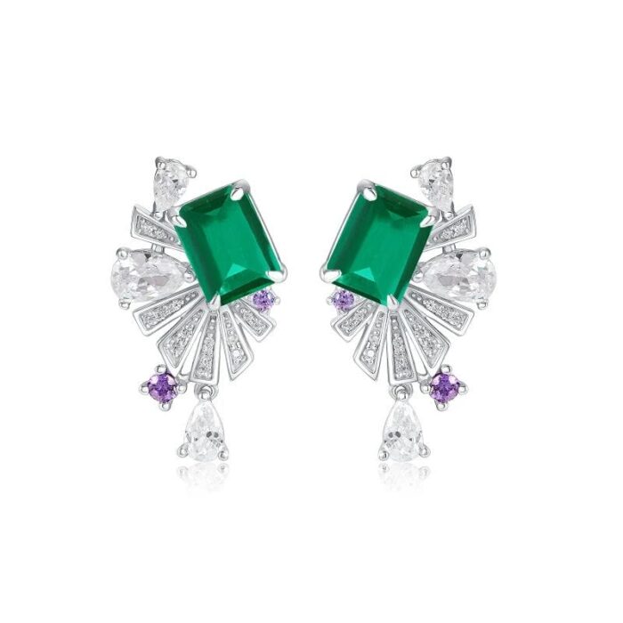 925 Silver Lab-Created Emerald Earrings - Model E0692 - Image 1