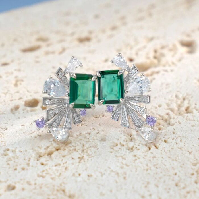925 Silver Lab-Created Emerald Earrings - Model E0692 - Image 2