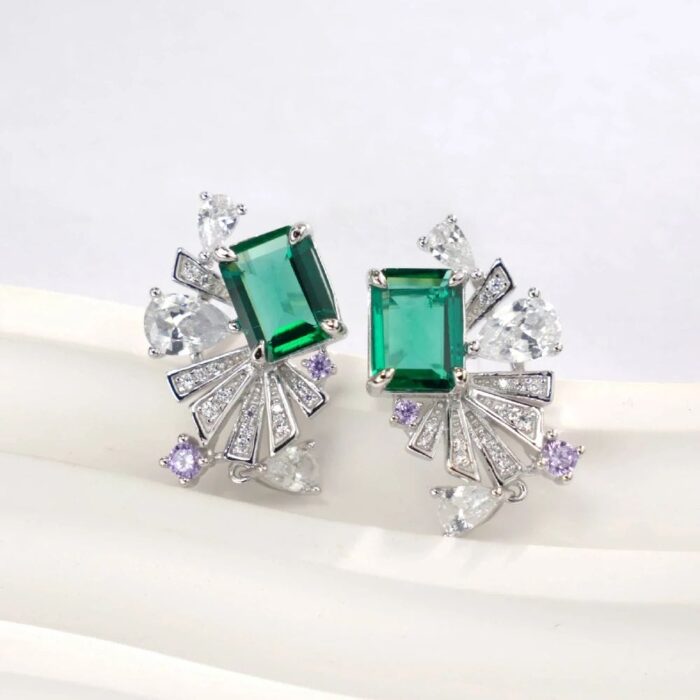 925 Silver Lab-Created Emerald Earrings - Model E0692 - Image 3