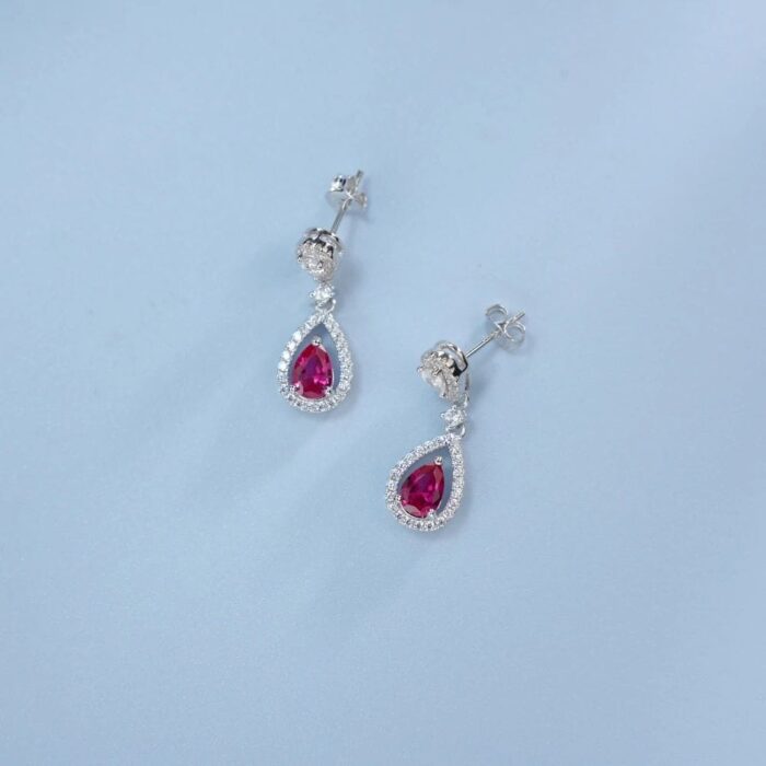 S925 Silver Lab-Created Ruby Earrings - Model E1634R - Image 2