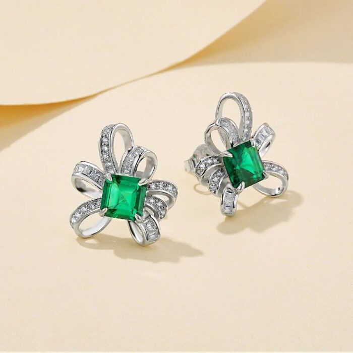925 Silver Lab-Created Emerald Earrings - Model E1917991 - Image 2