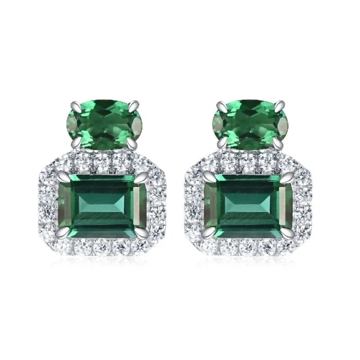 925 Silver Lab-Created Emerald Earrings - Model P0044 - Image 1