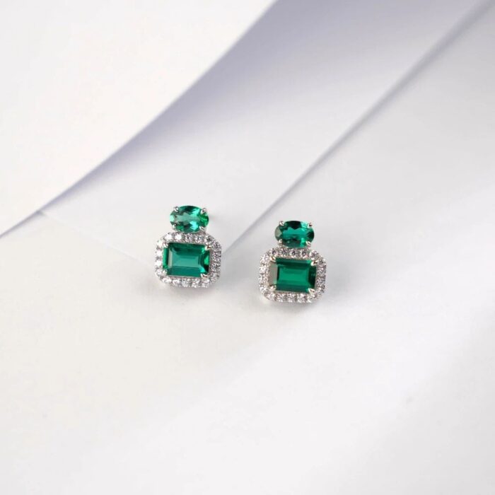 925 Silver Lab-Created Emerald Earrings - Model P0044 - Image 2