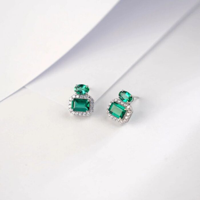 925 Silver Lab-Created Emerald Earrings - Model P0044 - Image 3
