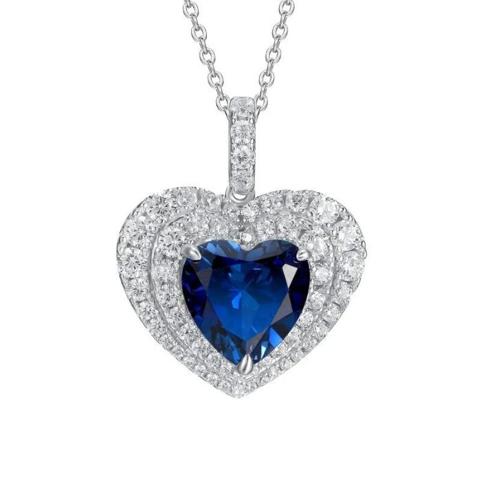 925 Silver Heart-Shaped Blue Sapphire Pendant - Model P0076B (Chain Not Included) - Image 1
