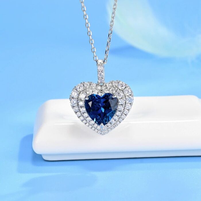 925 Silver Heart-Shaped Blue Sapphire Pendant - Model P0076B (Chain Not Included) - Image 2