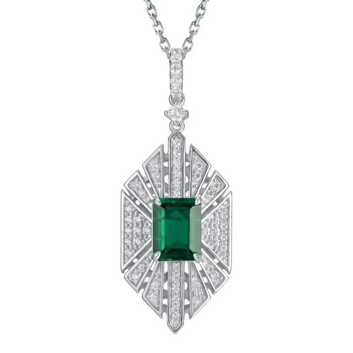925 Silver Cultured Emerald Necklace P0684 - Image 1