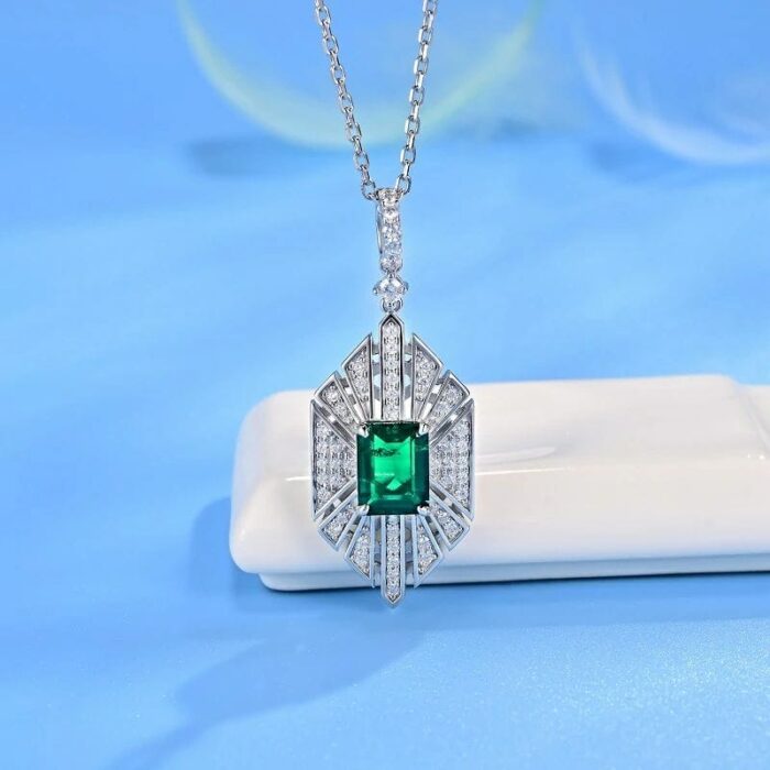 925 Silver Cultured Emerald Necklace P0684 - Image 2