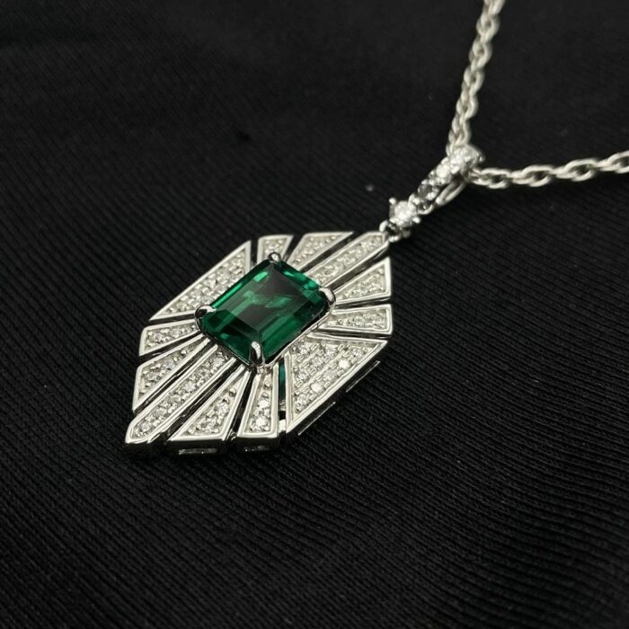 925 Silver Cultured Emerald Necklace P0684 - Image 5