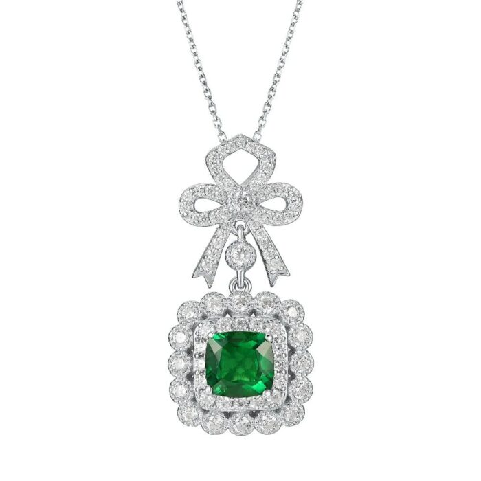 925 Silver Cultured Emerald Necklace P0699 - Image 1