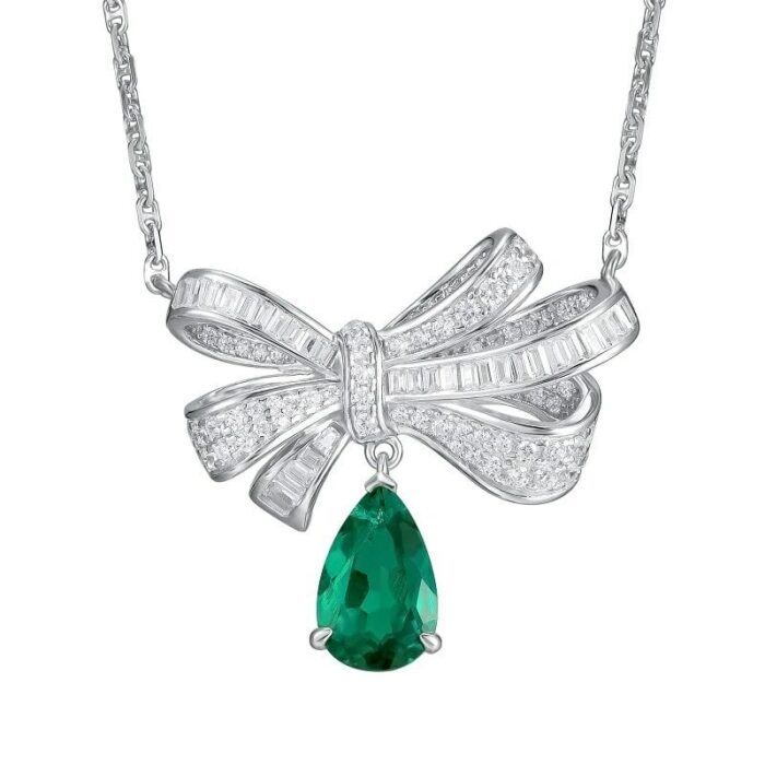 925 Silver Cultured Emerald Necklace P0719 - Image 1