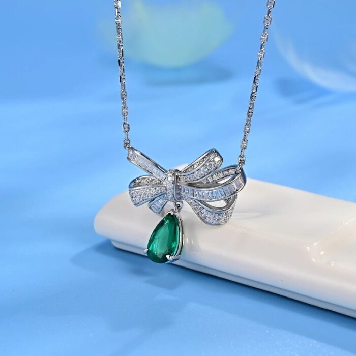 925 Silver Cultured Emerald Necklace P0719 - Image 2
