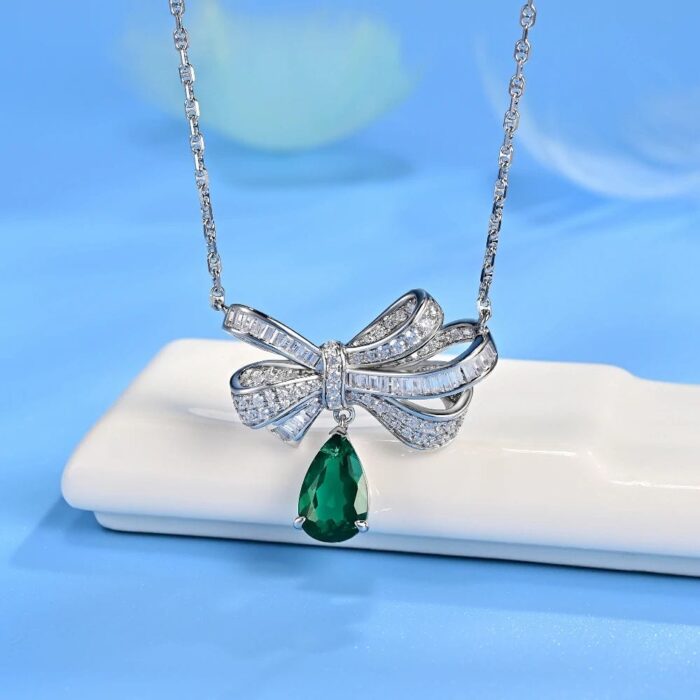 925 Silver Cultured Emerald Necklace P0719 - Image 3
