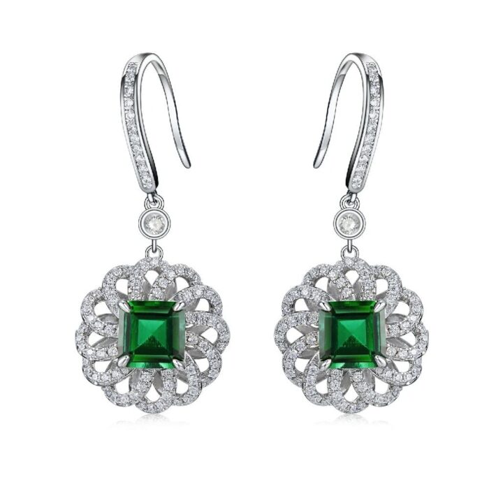 925 Silver Lab-Created Emerald Earrings - Model R0014 - Image 1