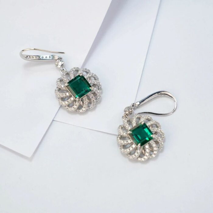 925 Silver Lab-Created Emerald Earrings - Model R0014 - Image 3