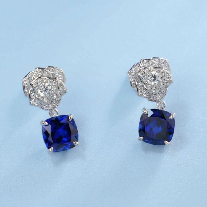 925 Silver Lab-Created Blue Sapphire Earrings - Model ZHF-E085B - Image 2