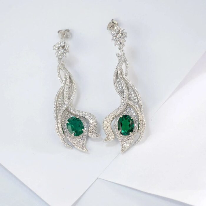 925 Silver Lab-Created Emerald Earrings - Model ZHF-E0813 - Image 3