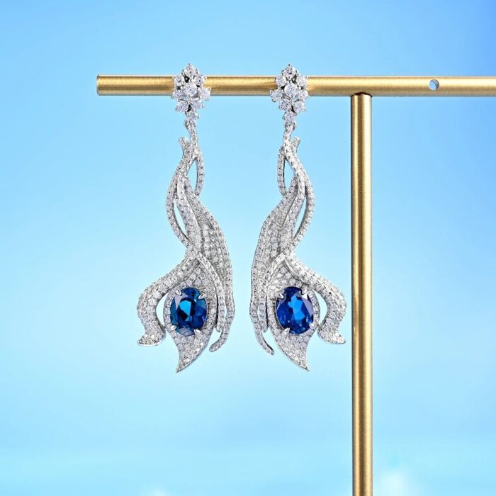 925 Silver Lab-Created Blue Sapphire Earrings - Model ZHF-E0813B - Image 2