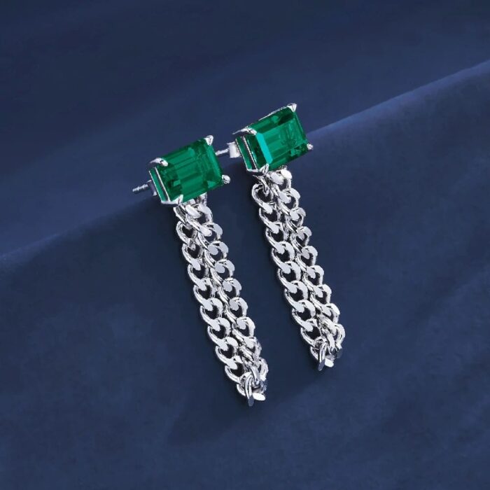 925 Silver Lab-Created Emerald Earrings - Model ZHF-E1610 - Image 3