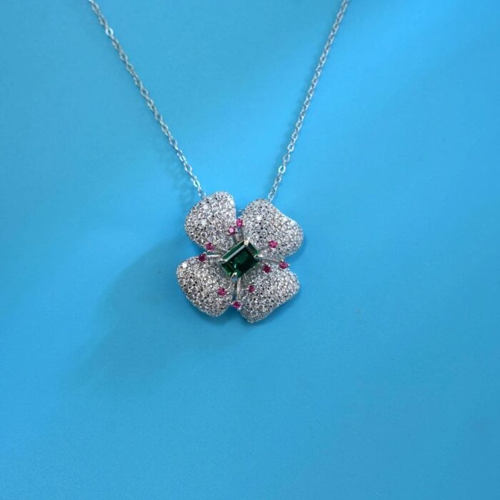 925 Silver Cultured Emerald Necklace ZHFP0008 - Image 4