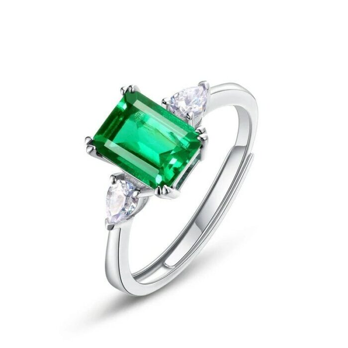 925 Silver Lab-Created Emerald Rectangular Ring - Model ZHFR0013 - Image 1