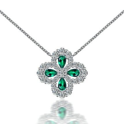 925 Silver Lab-Created Emerald Four-Leaf Clover Necklace - Model A73-P2020306