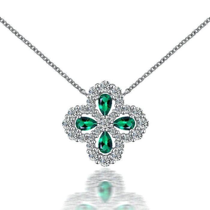 925 Silver Lab-Created Emerald Four-Leaf Clover Necklace - Model A73-P2020306 - Image 1