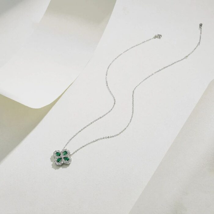 925 Silver Lab-Created Emerald Four-Leaf Clover Necklace - Model A73-P2020306 - Image 4