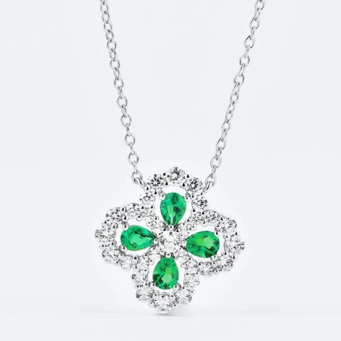 925 Silver Lab-Created Emerald Four-Leaf Clover Necklace - Model A73-P2020306 - Image 5