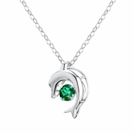 925 Silver Lab-Created Emerald Dolphin Necklace - Model LP0076