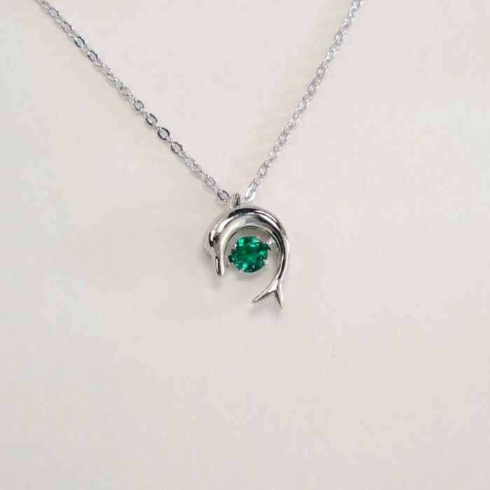 925 Silver Lab-Created Emerald Dolphin Necklace - Model LP0076 - Image 2