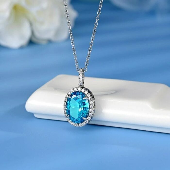 925 Silver Cubic Zirconia Aquamarine Necklace P0018-2 - Image 2