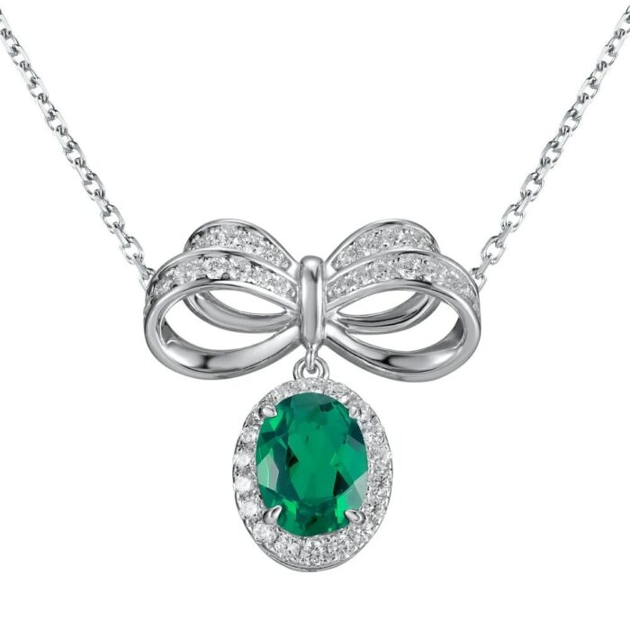 925 Silver Cultured Emerald Necklace P0019 - Image 1