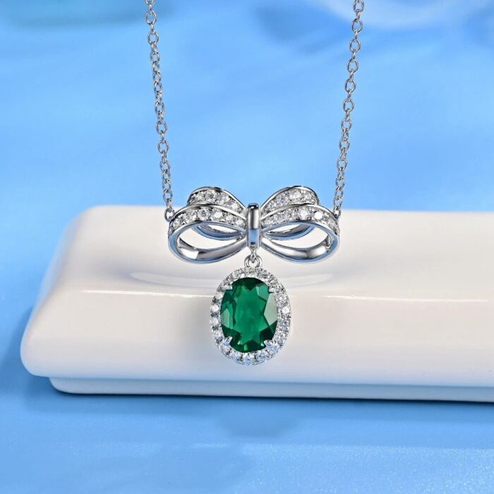 925 Silver Cultured Emerald Necklace P0019 - Image 2
