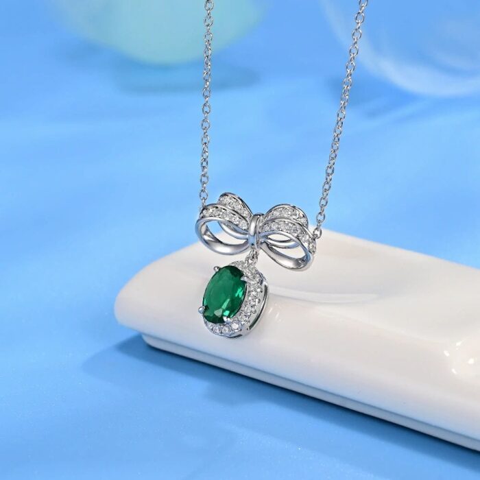 925 Silver Cultured Emerald Necklace P0019 - Image 3
