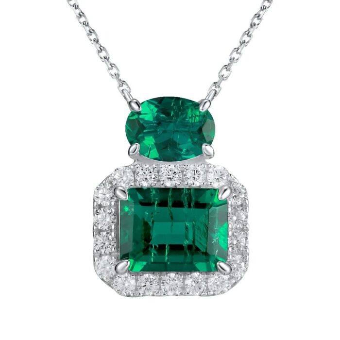 925 Silver Cultured Emerald Necklace P0045 - Image 1