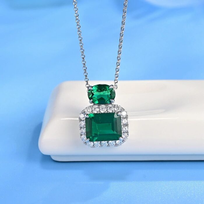 925 Silver Cultured Emerald Necklace P0045 - Image 2