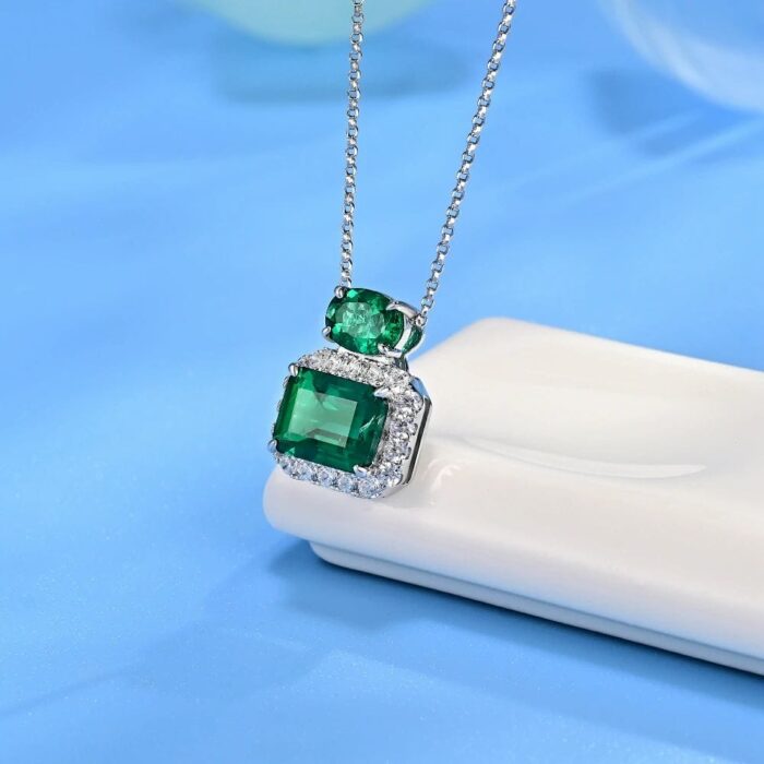 925 Silver Cultured Emerald Necklace P0045 - Image 3