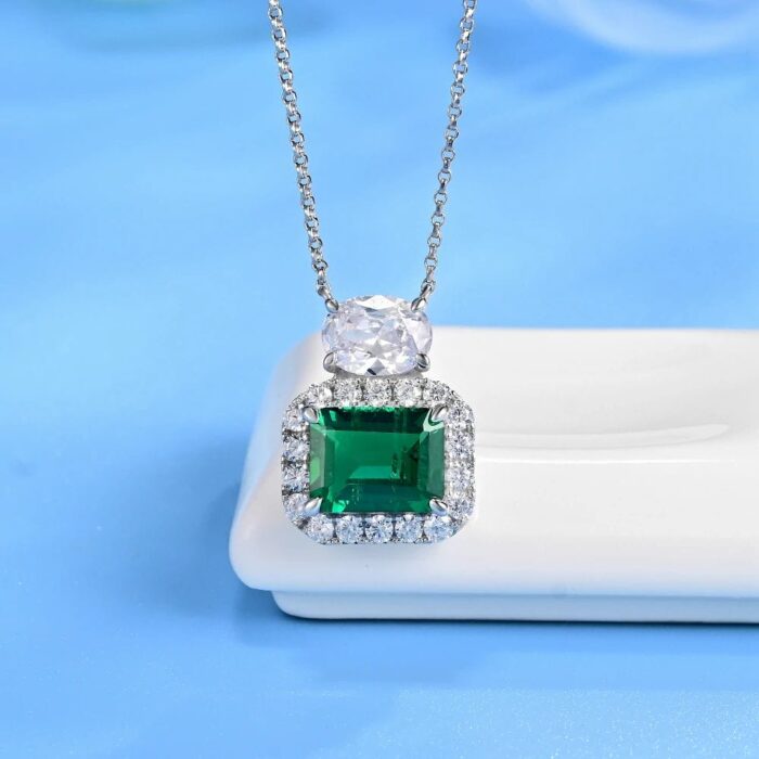 925 Silver Cultured Emerald Necklace P00451 - Image 2