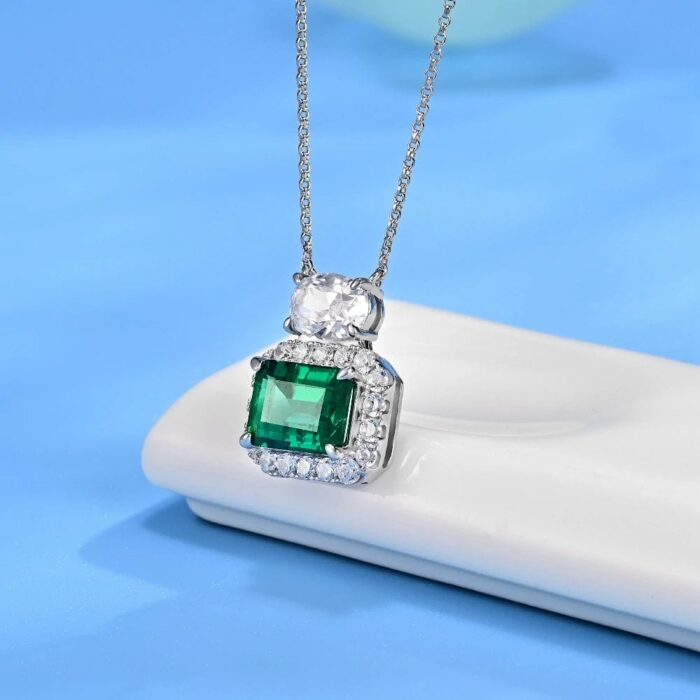 925 Silver Cultured Emerald Necklace P00451 - Image 3