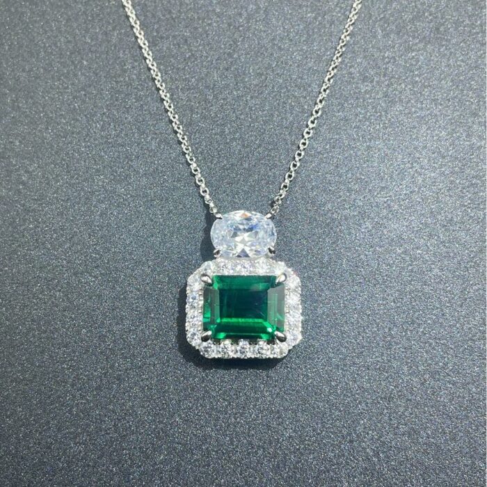 925 Silver Cultured Emerald Necklace P00451 - Image 4