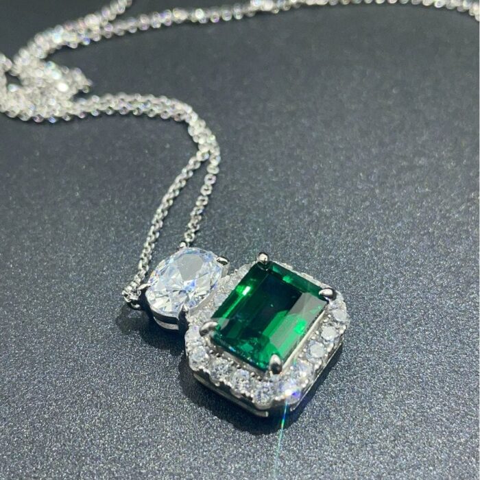 925 Silver Cultured Emerald Necklace P00451 - Image 5