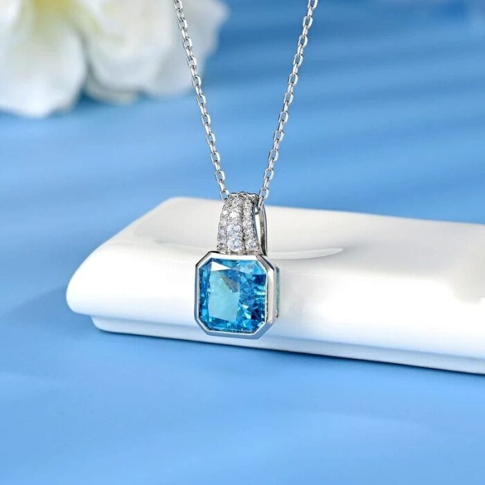 925 Silver Cubic Zirconia Blue Necklace P0046B - Image 2