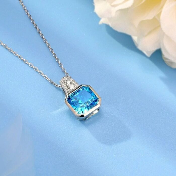 925 Silver Cubic Zirconia Blue Necklace P0046B - Image 3