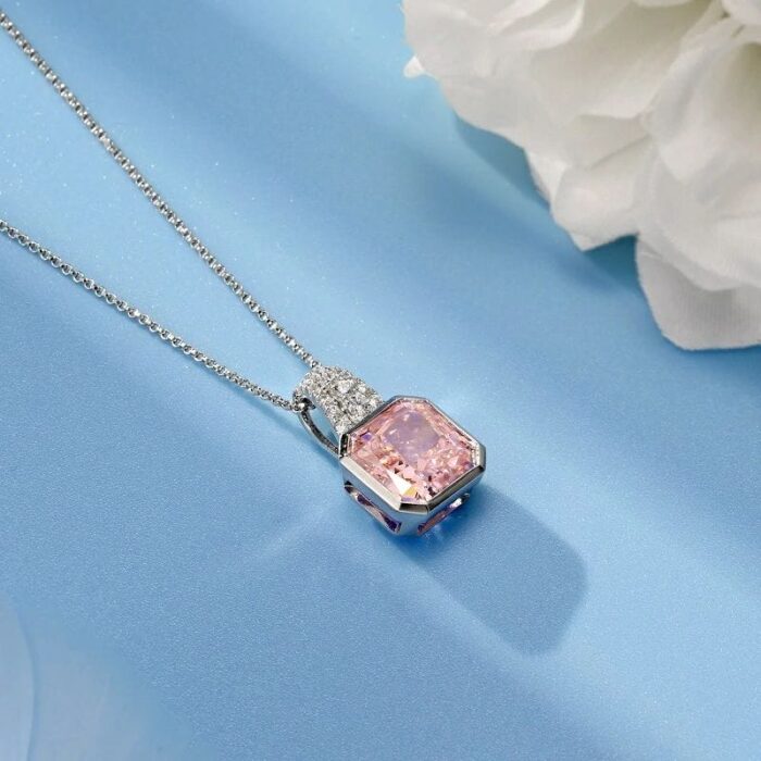 925 Silver Cubic Zirconia Pink Necklace P0046F - Image 2